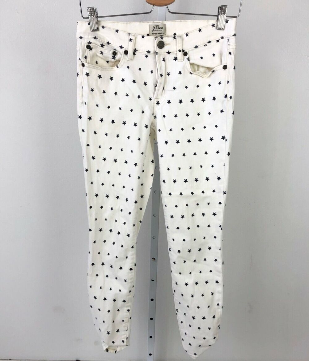 J.CREW 27 Toothpick Skinny Jeans Crop Ankle Mini Star Print Off White Navy G2312